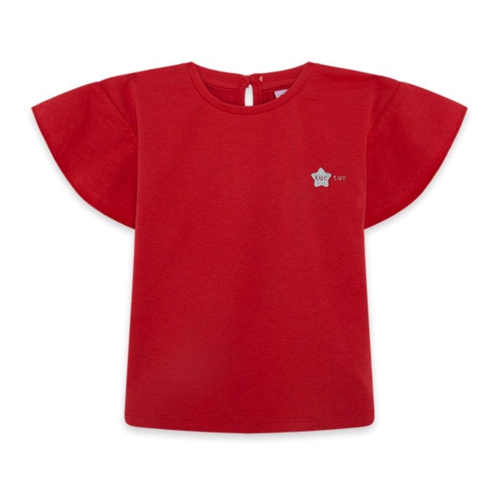 Girls' Red Flutter Sleeve Tee with Star Embroidery